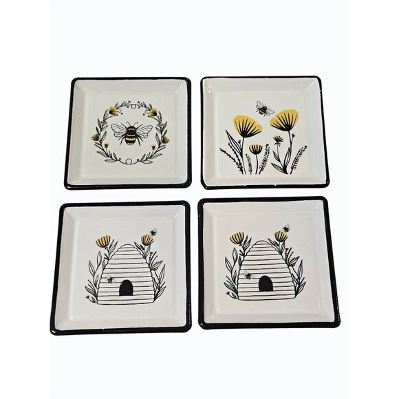 Other - Set of 4 Decorative Metal Square Coaster Set Trinket Ring Dish Bee Hive Floral